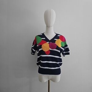 Vintage 80s Bubble Knit Sweater | Fruit Graphic Striped Ramie Cotton  S/M